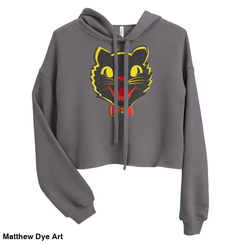 Stylish vintage black cat graphic on gray cropped hoodie, perfect for Halloween enthusiasts
