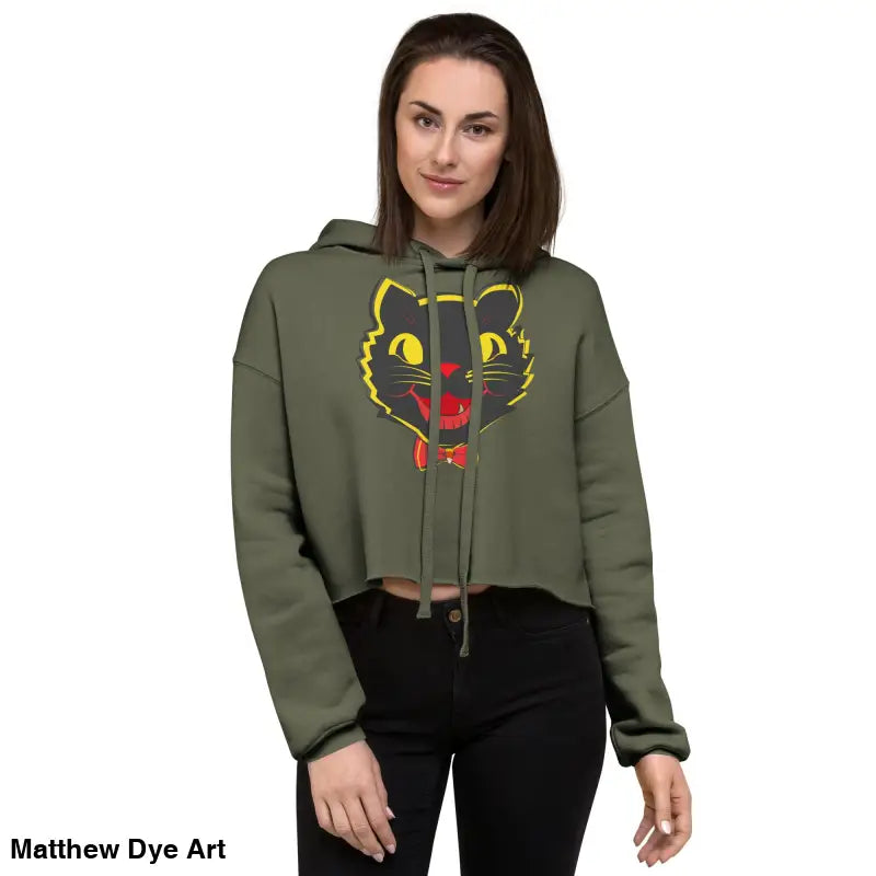 Woman wearing a stylish vintage black cat crop hoodie for Halloween fashion