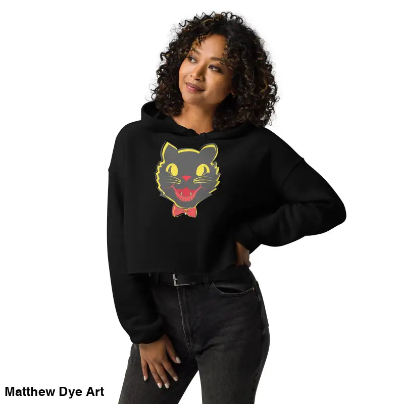 Stylish vintage black cat crop hoodie featuring a whimsical cat graphic design