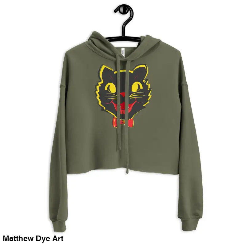 Olive green cropped hoodie featuring a stylish vintage black cat graphic design