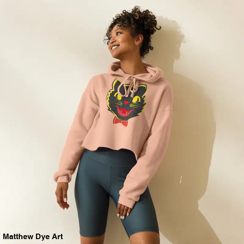 Woman in stylish vintage black Cat Crop Hoodie and bike shorts for Halloween
