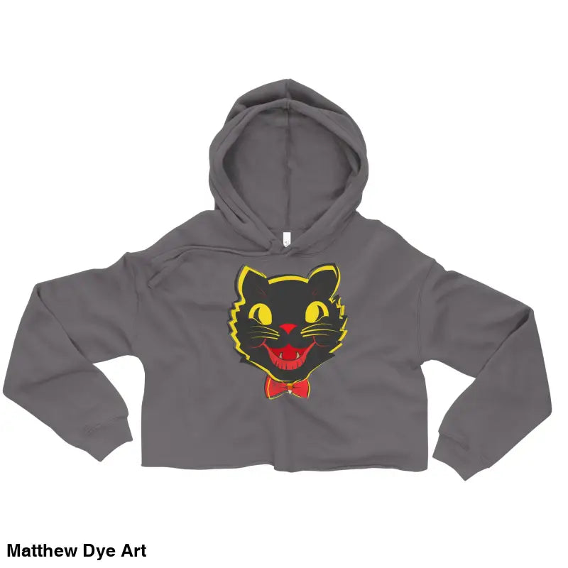 Gray cropped hoodie featuring a stylish vintage black cat graphic for Halloween