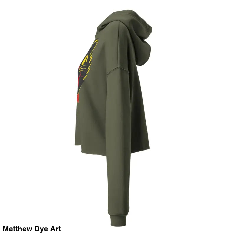 Olive green cropped hoodie featuring a stylish vintage black cat design