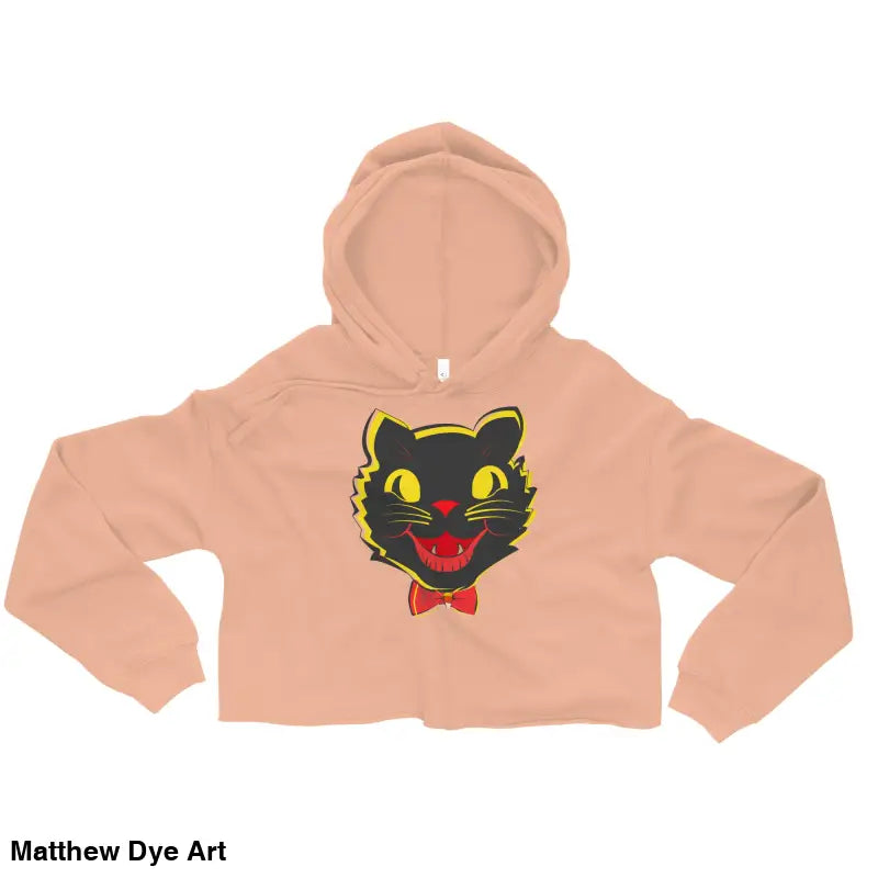 Peach-colored cat crop hoodie featuring a stylish vintage black cat graphic