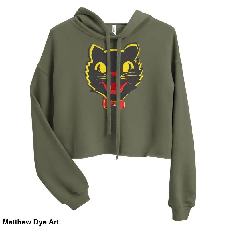 Olive green cropped hoodie featuring a vintage black cat graphic for stylish comfort