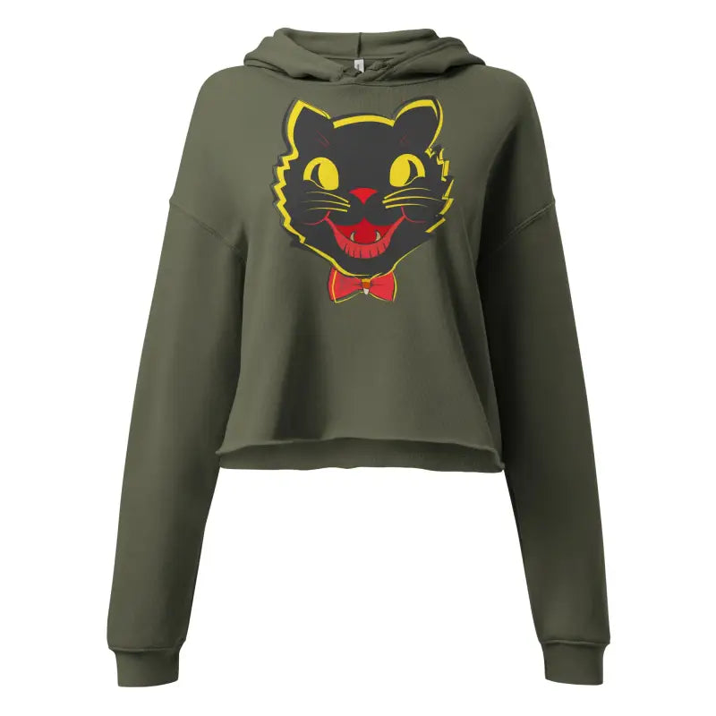 Olive green cat crop hoodie with vintage black cat graphic for stylish Halloween fashion