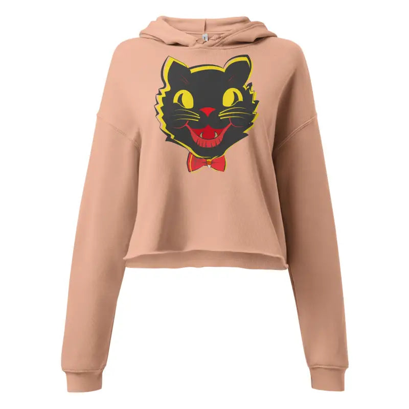 Peach-colored cropped hoodie featuring a vintage black cat graphic for stylish vintage flair
