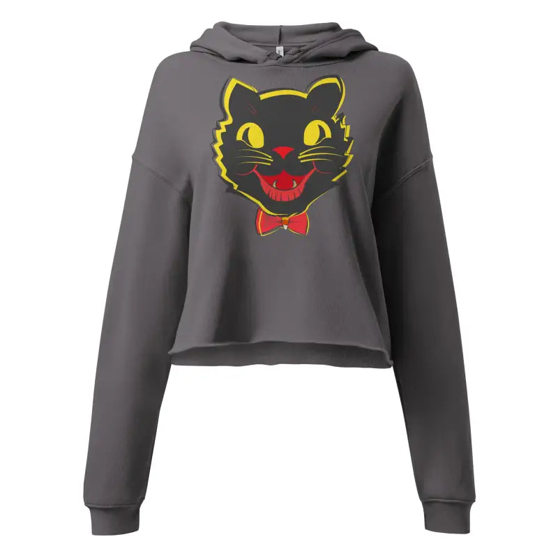 Gray cropped hoodie featuring a stylish vintage black cat graphic for Halloween