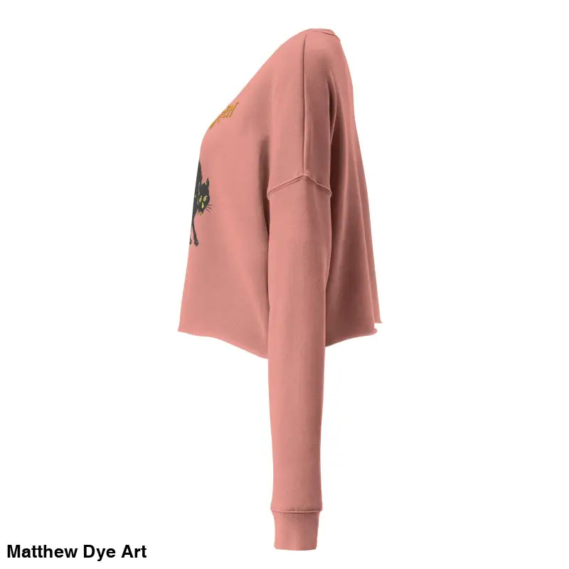 Salmon-colored cropped sweatshirt featuring a scary cat Halloween graphic design
