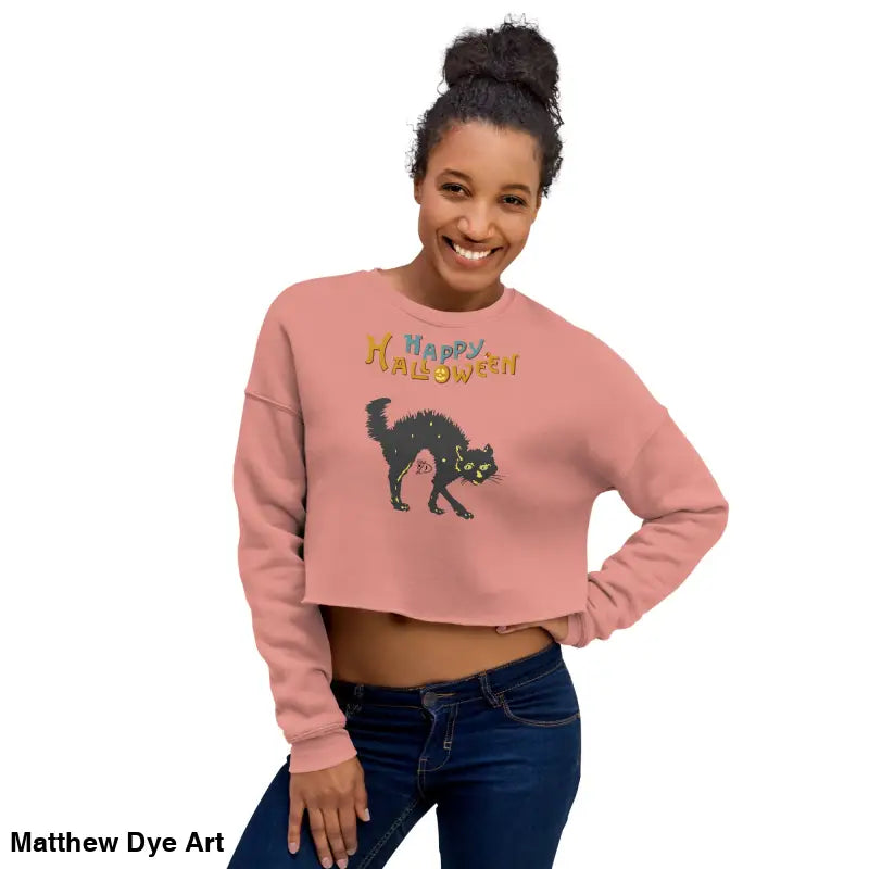 Cropped Halloween sweatshirt featuring a scary cat design in enchanting mint green