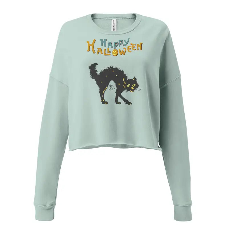 Light green Halloween sweatshirt featuring a scary cat design for an enchanting look