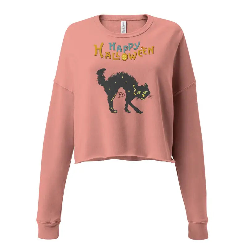 Salmon-colored Halloween sweatshirt featuring a scary cat Halloween design