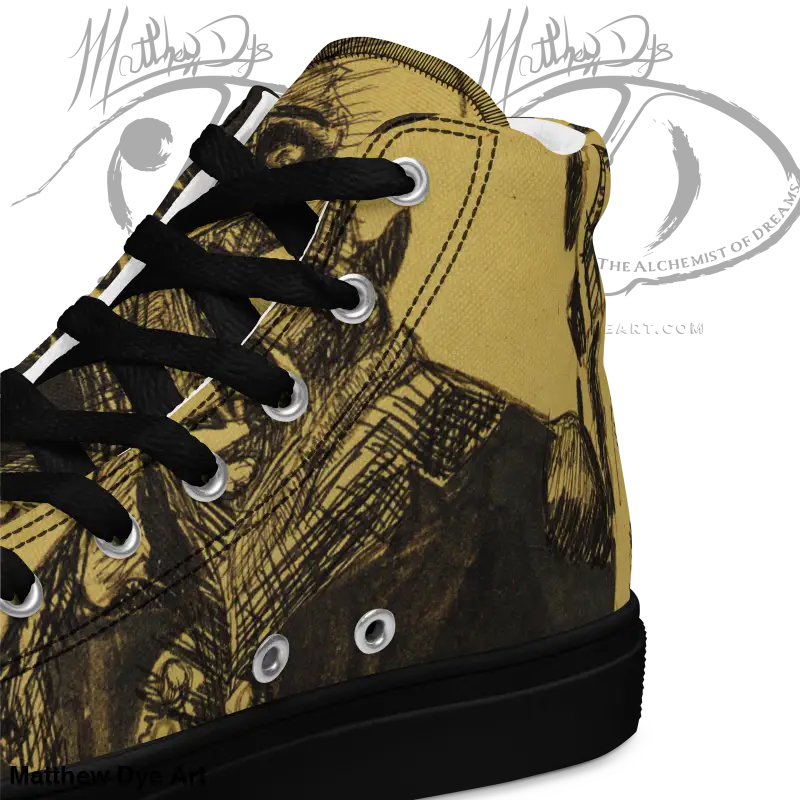 High-top sneaker in yellow and black camouflage, inspired by classic horror, with EVA rubber outsole