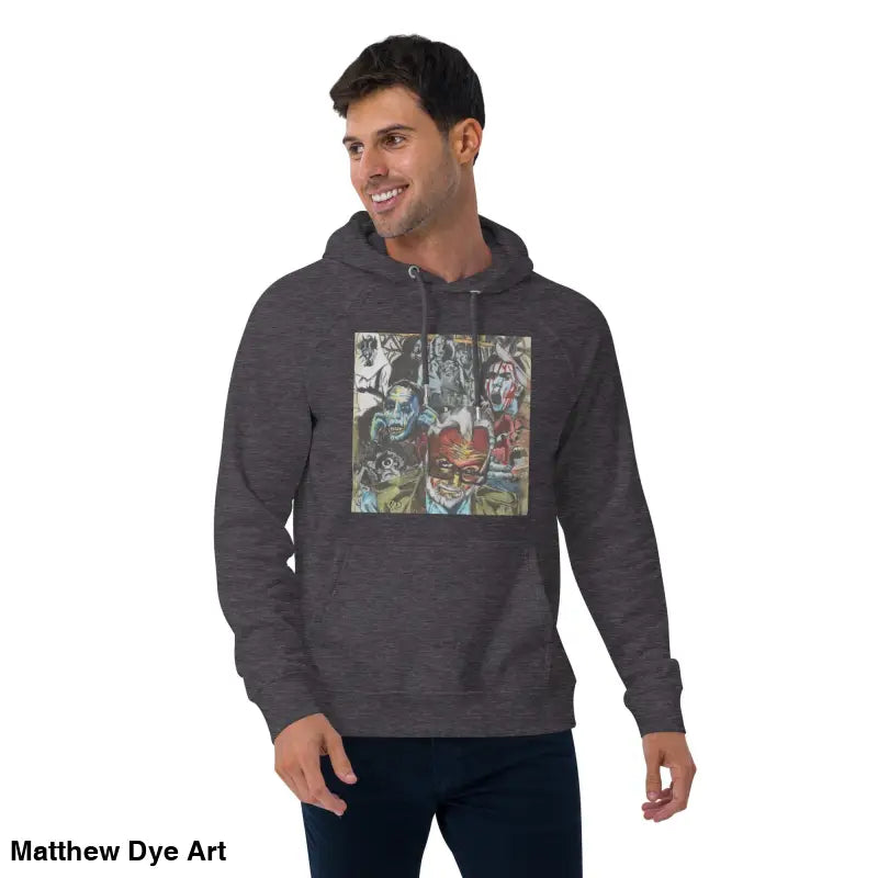 Gray unisex hoodie featuring Romero-inspired comic book art design