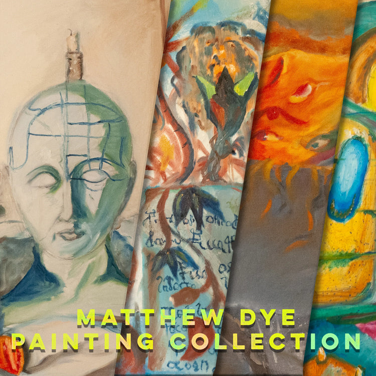 Collage of Matthew Dye's surreal oil paintings, featuring a blend of vibrant colors and abstract, dreamlike imagery, including a figure with a geometric headpiece, fiery landscapes, and mystical symbols.