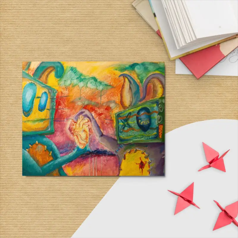 Vibrant abstract painting in turquoise, orange, and pink for modern metal wall art