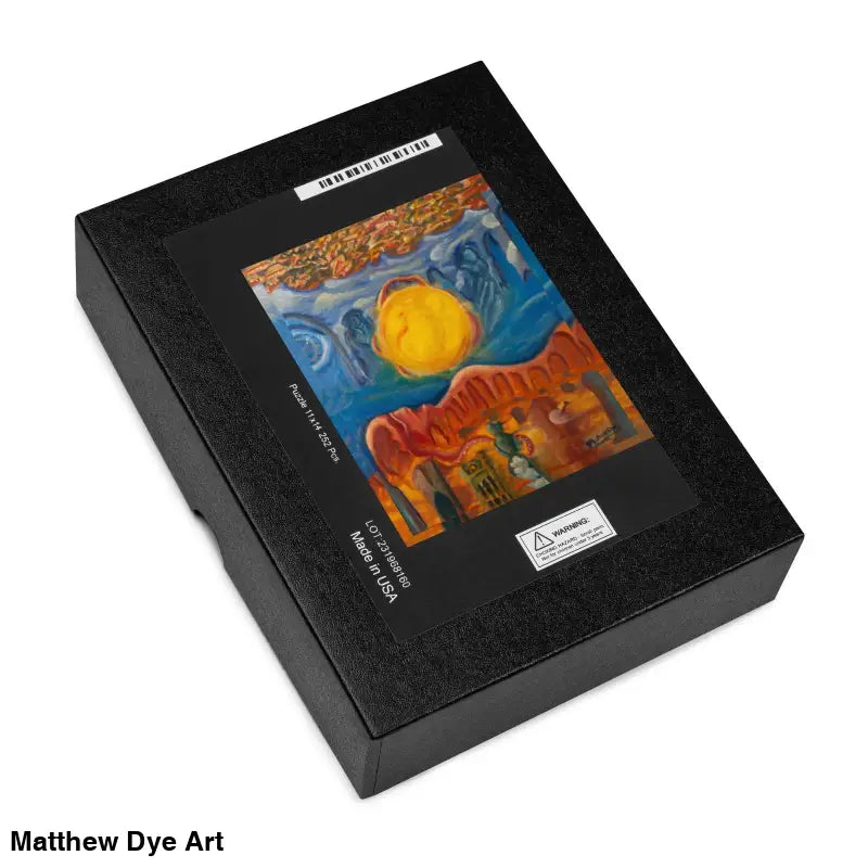 Black box art on Above and Below Cosmic Jigsaw Puzzle features vibrant sun and blue swirls