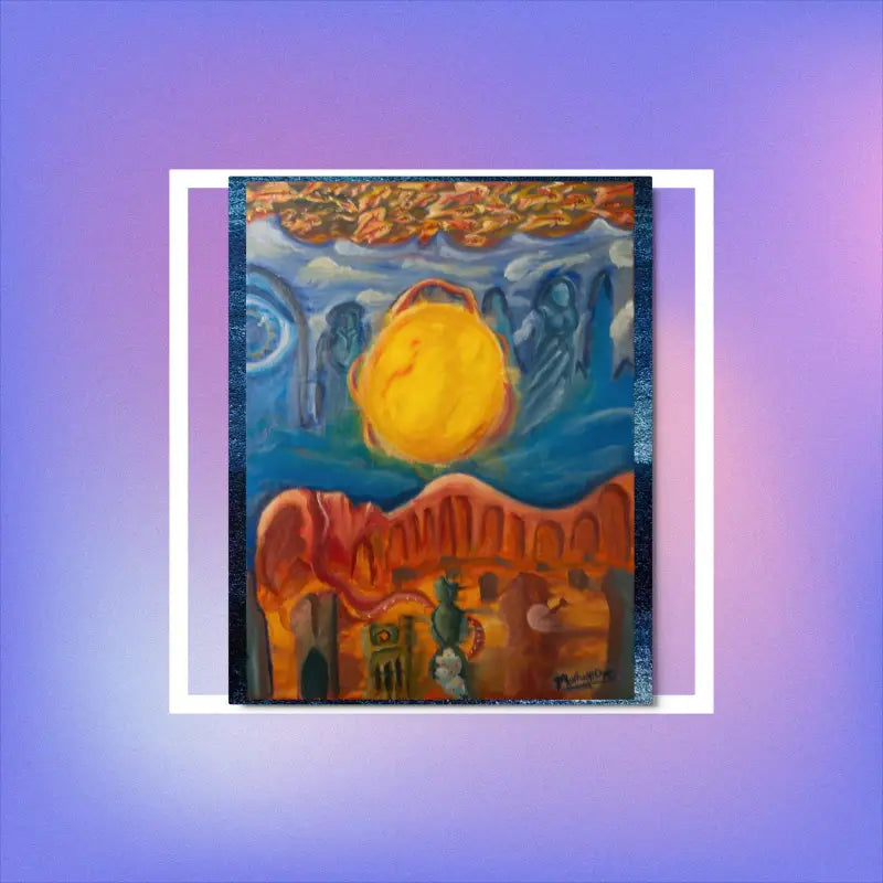 Vibrant desert landscape art featuring a bright sun and red rocks on a metal print