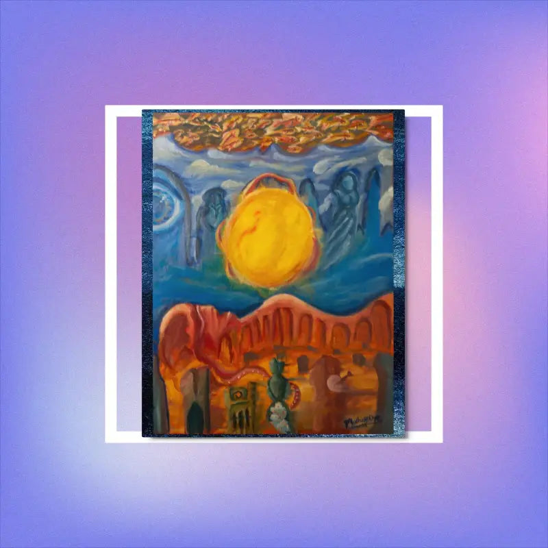 Vibrant desert landscape art featuring a bright sun and red rocks on a metal print