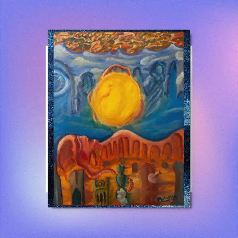 Vibrant art metal print featuring a bright yellow sun over red-orange desert cliffs