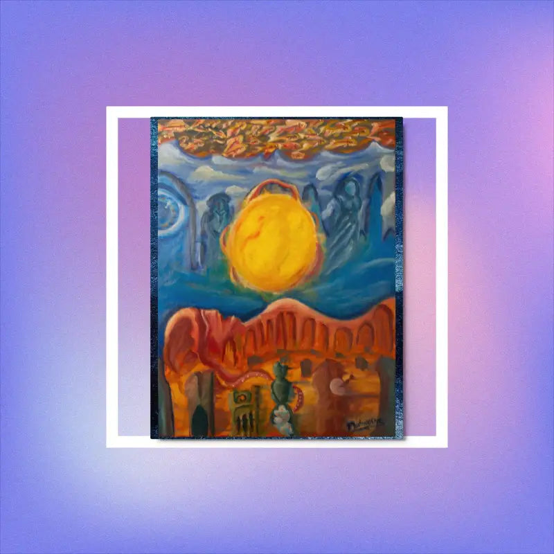 Vibrant desert landscape art on metal print featuring sun, blue skies, and red rocks