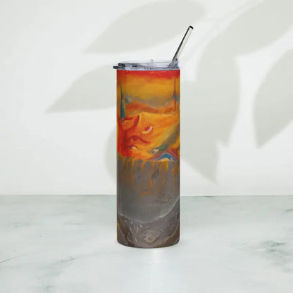 Tall insulated stainless steel tumbler with sunset design and metal straw for enhanced beverage experience