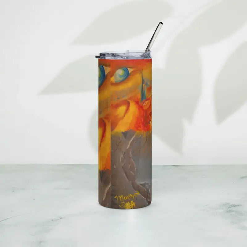 Colorful Elysian Sunset stainless steel tumbler with abstract orange and brown design