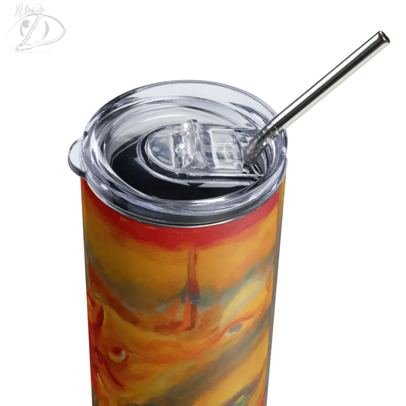 Elysian Sunset Stainless Steel Tumbler with swirled orange and red pattern for enhanced beverage experience