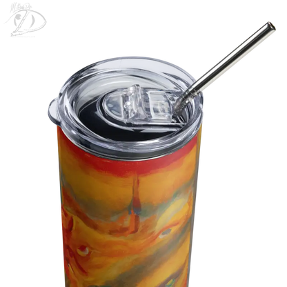 Elysian Sunset Stainless Steel Tumbler with swirled orange and red pattern for enhanced beverage experience