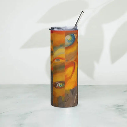 Tall insulated stainless steel tumbler featuring abstract orange and brown design with metal straw