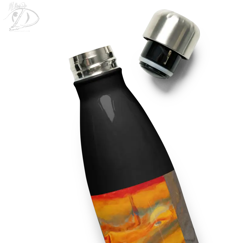 Black stainless steel water bottle featuring an artistic orange and yellow design