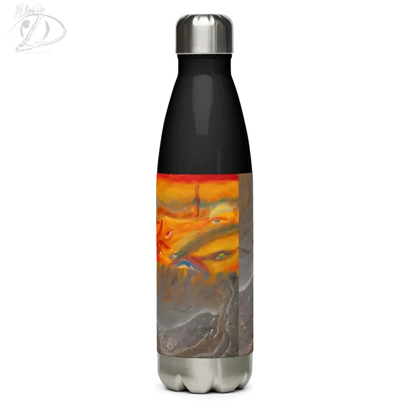 Stainless steel water bottle with artistic orange and gray design by Above the Shadows