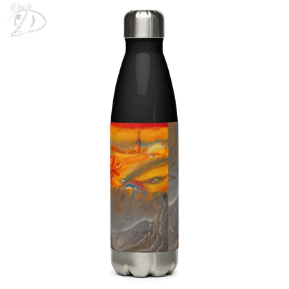 Stainless steel water bottle featuring an artistic orange and gray design pattern