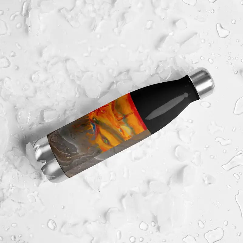 Black stainless steel water bottle featuring artistic orange and yellow design