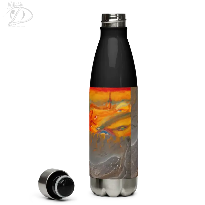 Artful stainless steel water bottle featuring an orange and gray swirled design