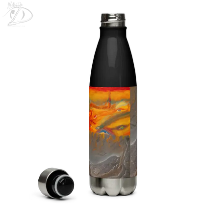 Stainless steel water bottle with artistic orange and gray swirl design for hydration