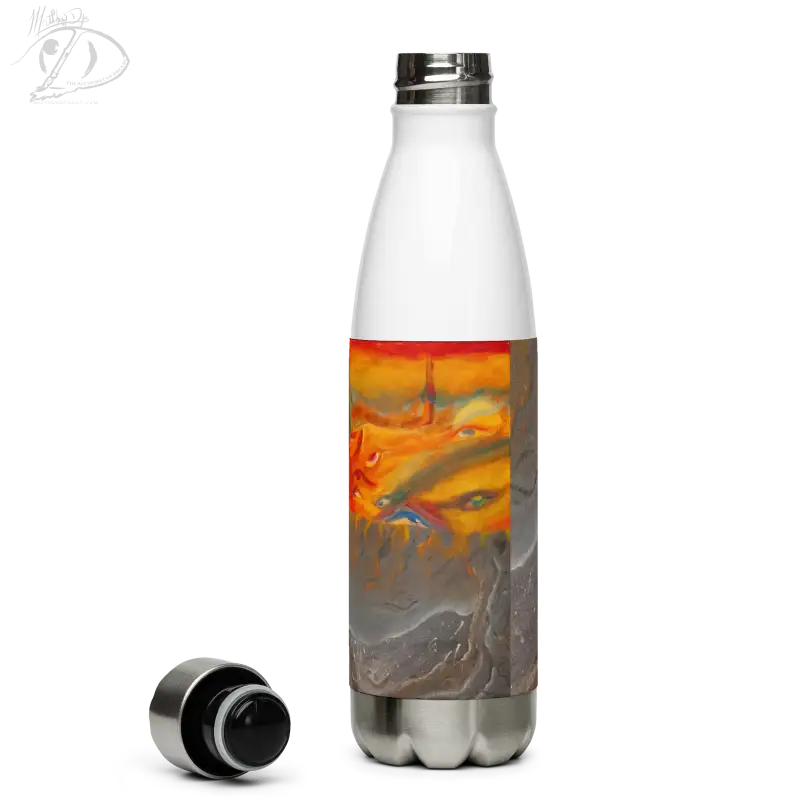 Stainless steel water bottle featuring swirling orange, gray, and blue abstract art design