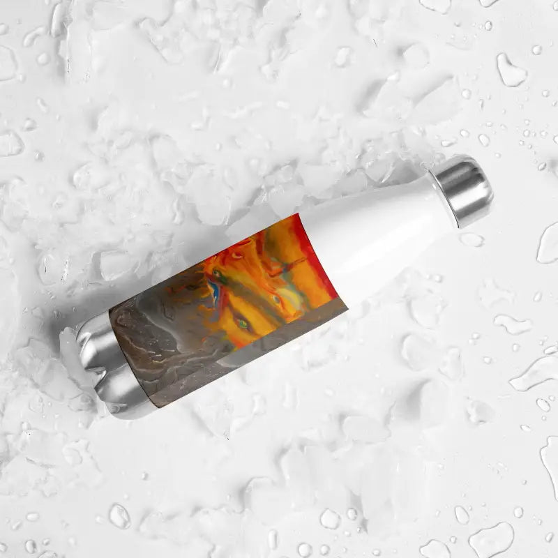 Stainless steel water bottle featuring abstract orange and red art design in Black