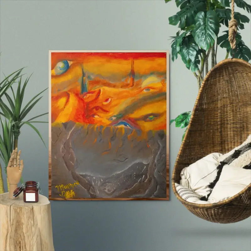 Abstract artwork in vibrant orange and red tones with dark greys and hints of blue on metal print