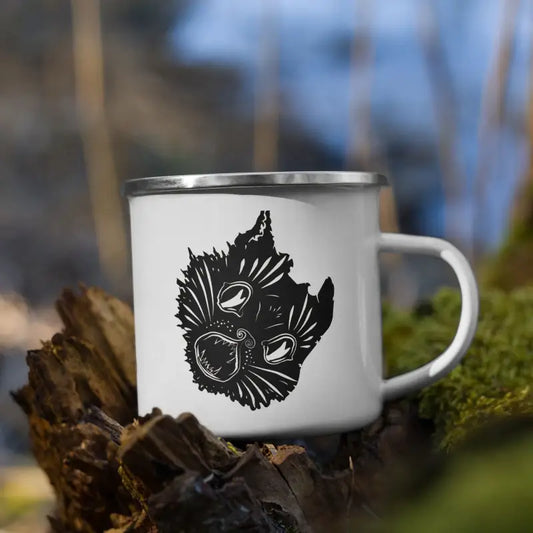 White enamel camping mug featuring a black wolf head design from Ah Kitty for autumn