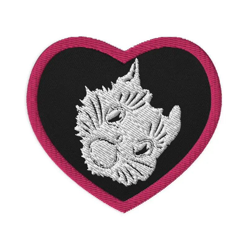 Heart-shaped head embroidered patch featuring a white dog face on black with pink border