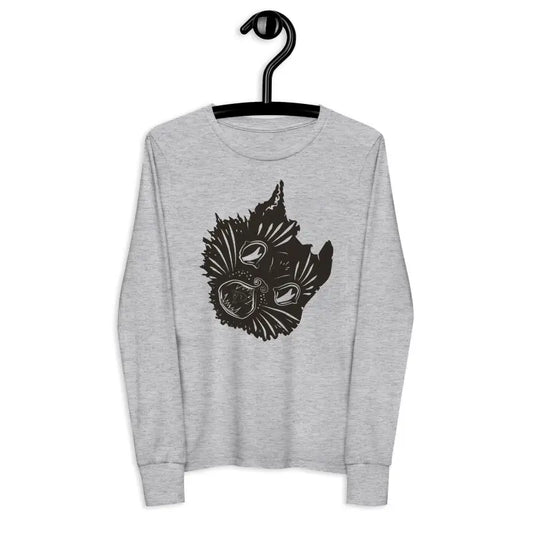 Long sleeve tee featuring a black wolf head design on an enchanted grey fabric