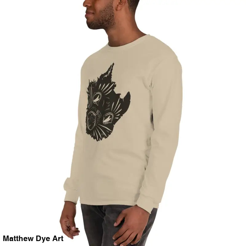 Beige long sleeve shirt with black graphic for a spooky Halloween look, AH KITTY Feral Nightmare