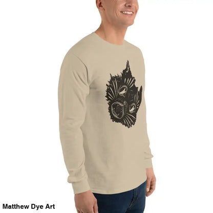 Beige long sleeve shirt featuring a dark cat graphic for spooky Halloween fashion