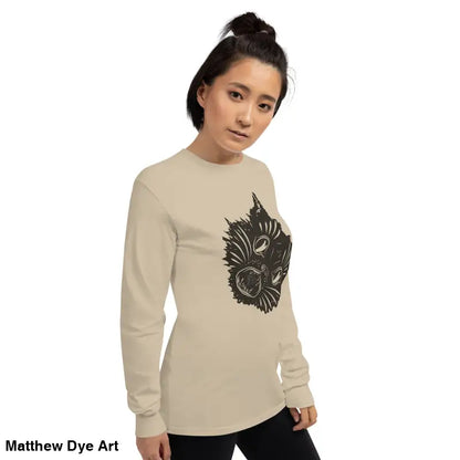 Beige long sleeve shirt featuring a spooky cat graphic for Halloween