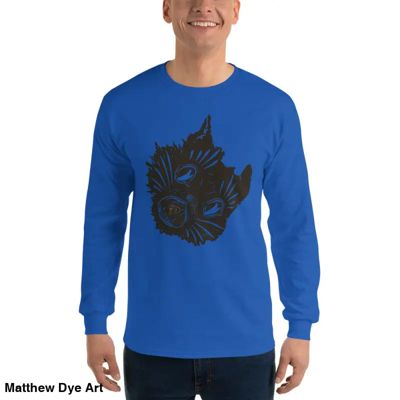 Blue long sleeve shirt featuring a spooky cat graphic, perfect for Halloween wear
