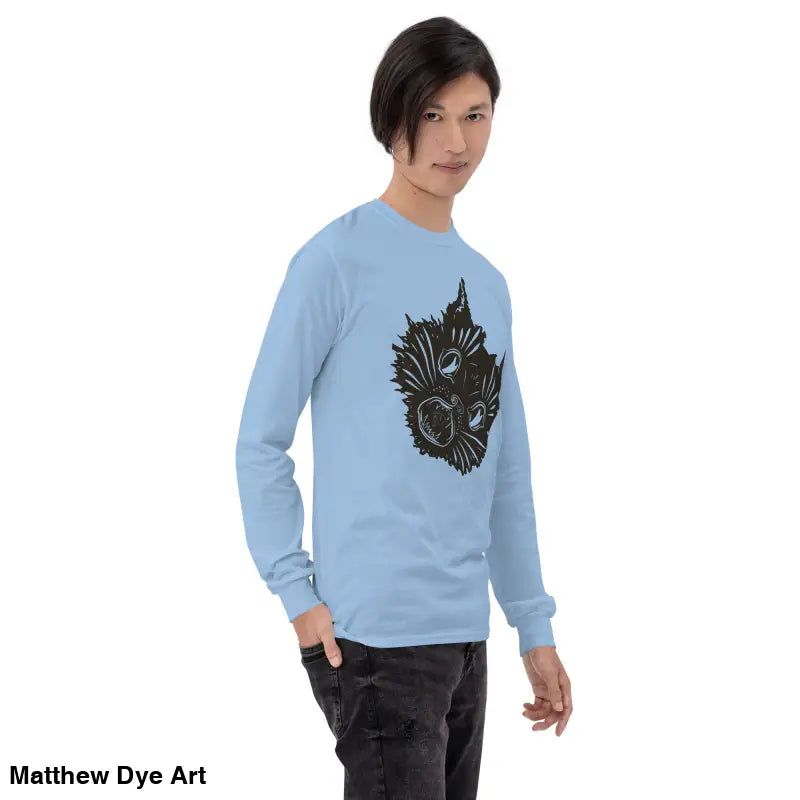 Light blue long sleeve shirt with black graphic for a spooky Halloween style