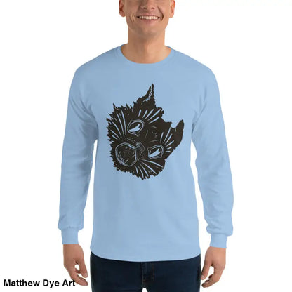 Light blue long sleeve shirt featuring a spooky black cat design for Halloween