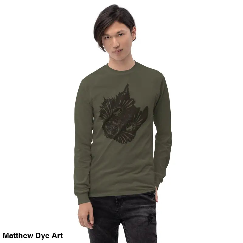 Olive green long sleeve shirt featuring a spooky dog graphic for Halloween
