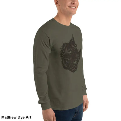 Olive green long sleeve shirt featuring a spooky dark cat design for Halloween